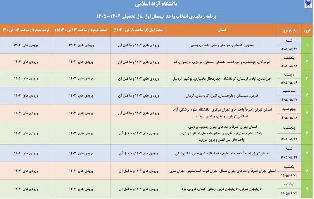دانشگاه آزاد اسلامی برنامه زمان‌بندی انتخاب واحد نیمسال اول سال تحصیلی ۱۴۰۵-۱۴۰۶ را اعلام کرد